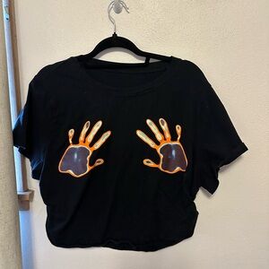 Trendy Black Crop Top with Orange Handprint Design